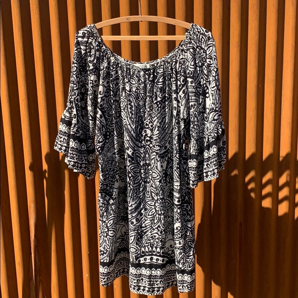 Boho bell sleeve black floral sun dress